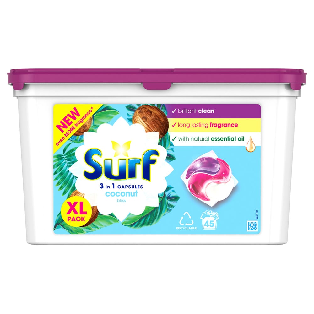 Surf 3 in 1 Coconut Bliss Laundry Washing Capsules 45 Washes Case of 3 Image 2