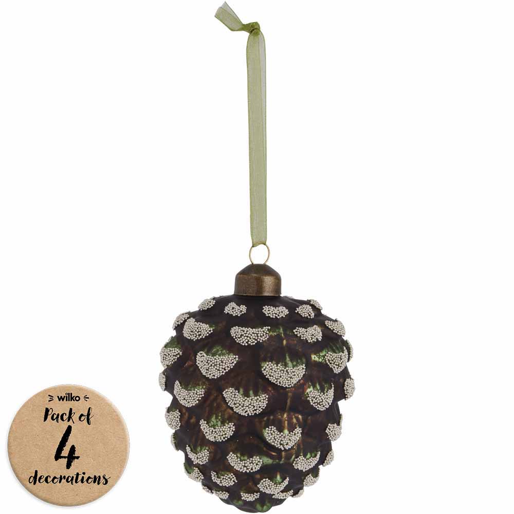 Wilko Rococo Green Pinecone Christmas Baubles 4 Pack Image 1