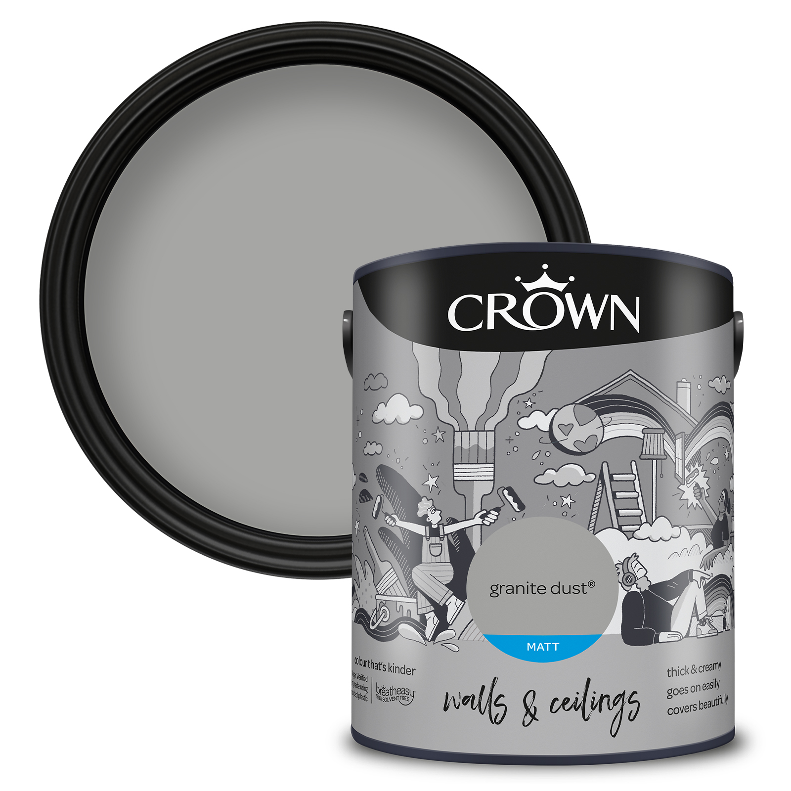 Crown Breatheasy Walls & Ceilings Granite Dust Matt Emulsion Paint 5L Image 1