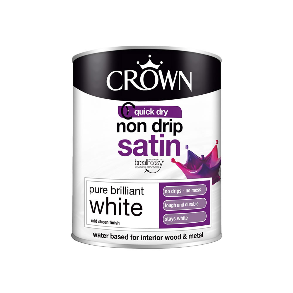Crown Pure Brilliant White Non-Drip Satin Paint 75 0ml Image