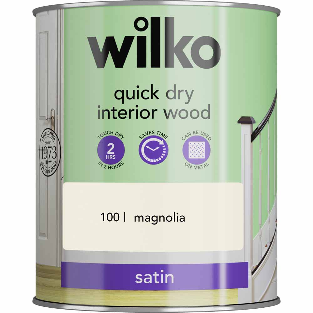 Wilko Quick Dry Interior Wood Magnolia Satin Paint 750ml Image 1