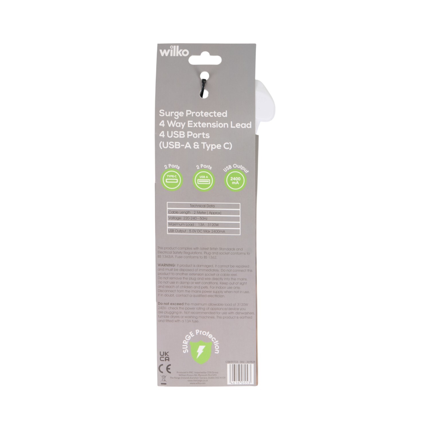 Surge Protected 4 Gang Extension Lead - White Image 2