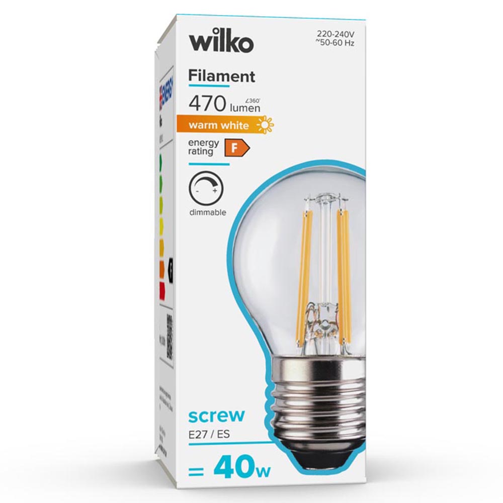 Wilko 1 Pack Screw E27/ES LED Filament 470 Lumens Round Dimmable Light Bulb Image 1
