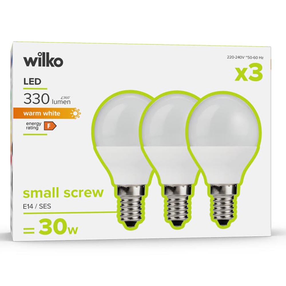 Wilko 3 Pack Small Screw E14/SES LED 330 Lumens Round Light Bulb Image 1