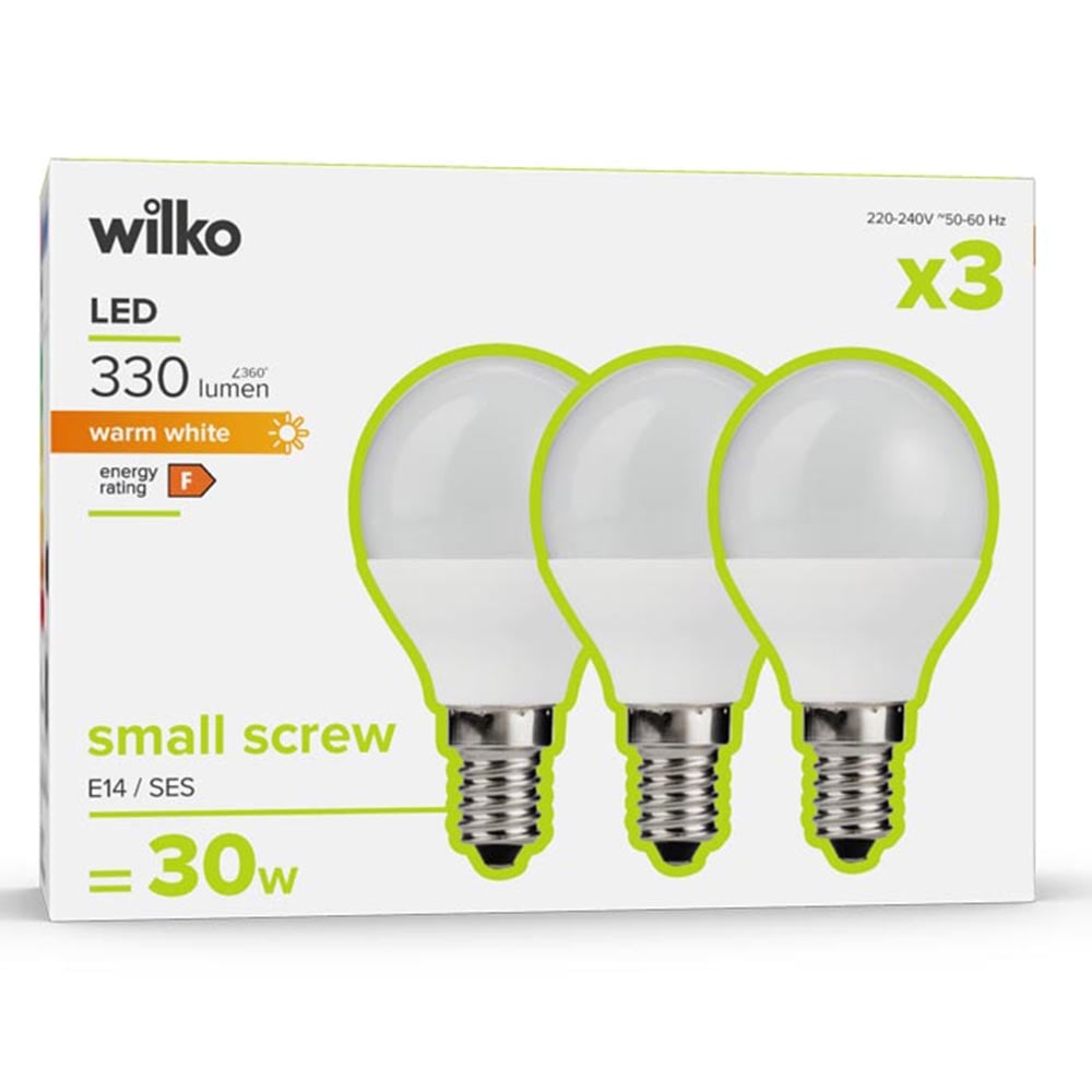 Wilko 3 Pack Small Screw E14/SES LED 330 Lumens Round Light Bulb Image 1