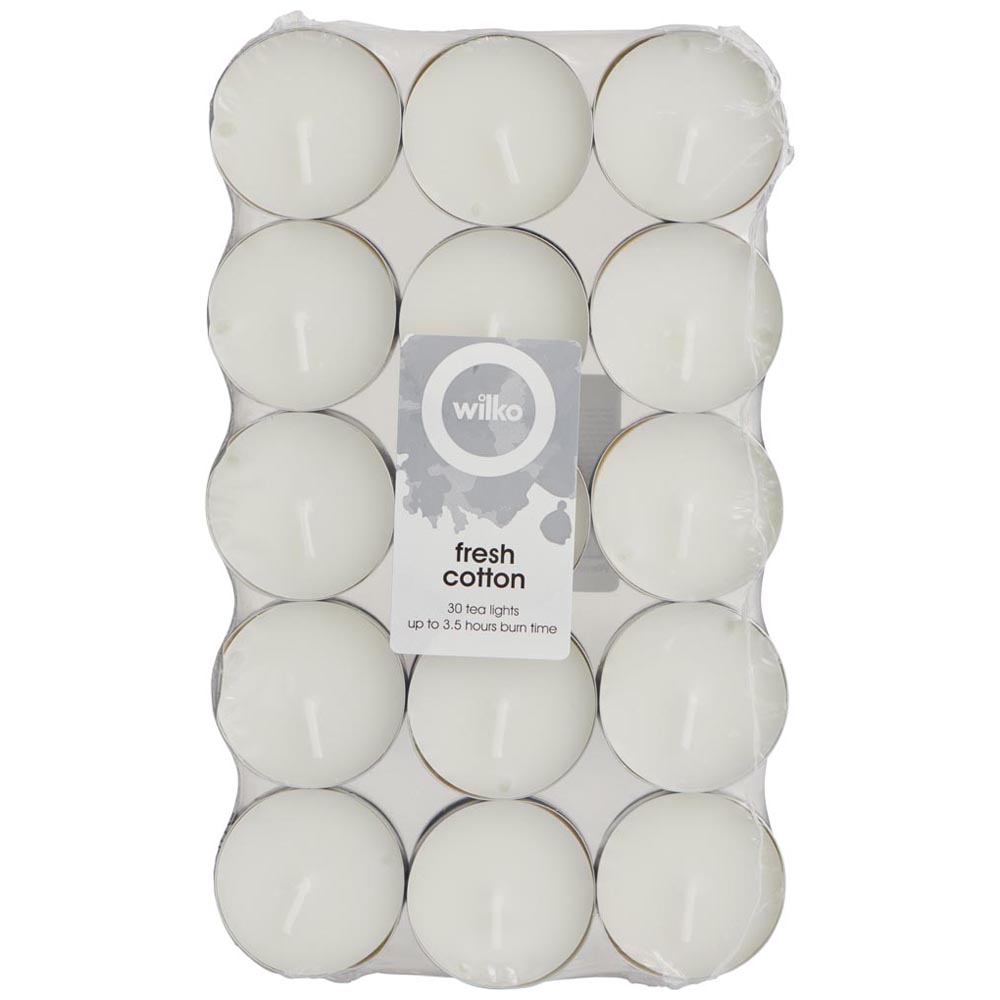 Wilko Fresh Cotton and Lily Scented Tealights 30 pack Relax and unwind with our gorgeous smelling scented tealights. The pack contains 30 tealights infused with nature-inspired fragrance. They carry top notes of linen and lemon with mid notes of jasmine and lilly, and a cedarwood and salt base. The tealights burn for up to 8 hours and will infuse your home with a unique combination of scent that your senses are sure to love. It is perfect to enhance the ambience and set the mood at home with flickering flame and some pleasant fragrance. Warning: Contains tetramethyl acetyloctahydronaphthalenes, citronellol and geraniol. May produce an allergic reaction. Harmful to aquatic life with long-lasting effects. Read the label before use. If medical advice is needed, have a product container or label at hand. Keep out of reach of children. If on skin: wash with plenty of soap and water. If skin irritation or rash occurs, get medical advice/attention. Dispose of contents/container to an approved disposal site, in accordance with local regulation except for empty containers which can be disposed of in the dustbin.