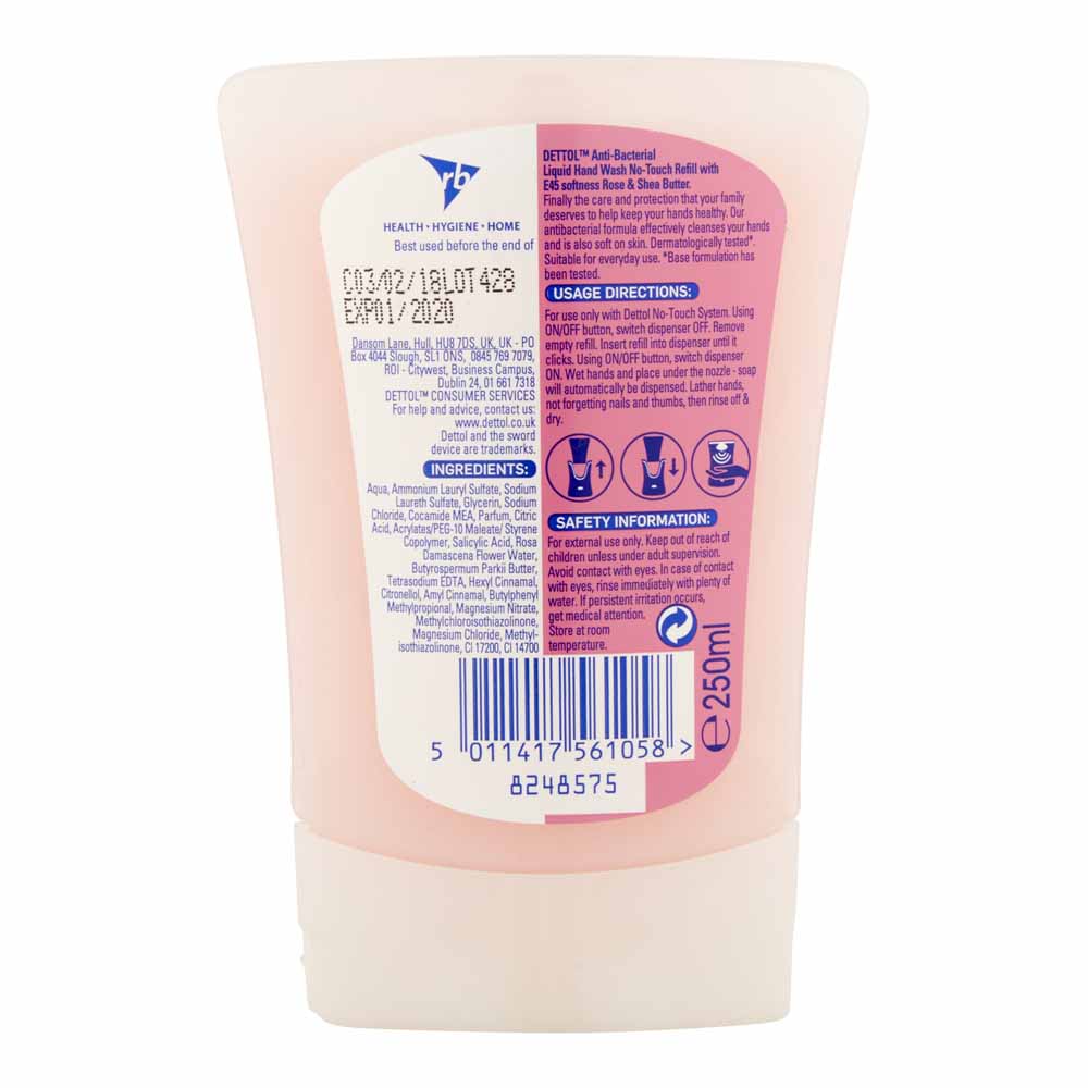Dettol with E45 No Touch Rose and Shea Butter Liquid Hand Wash 250ml Image 2