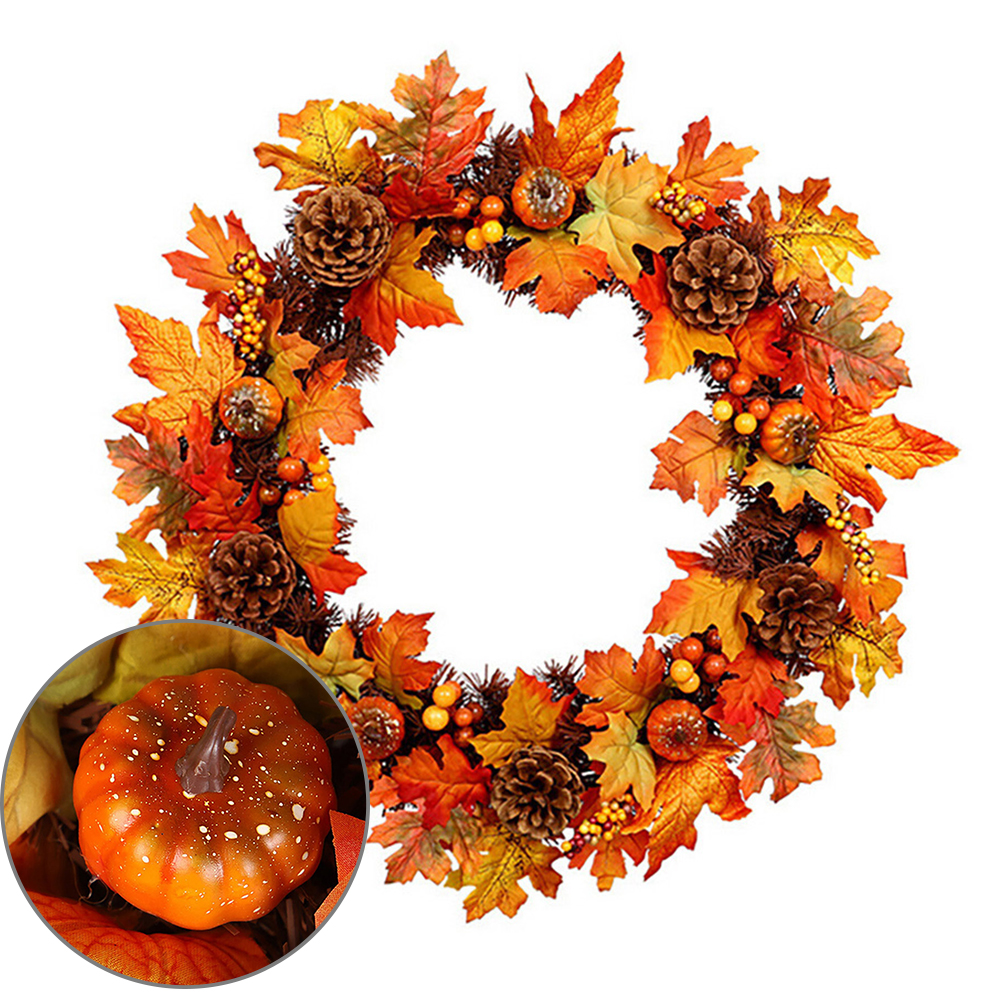 Living and Home Artificial Maple Leaf Wreath with Pumpkins 60cm Image 3