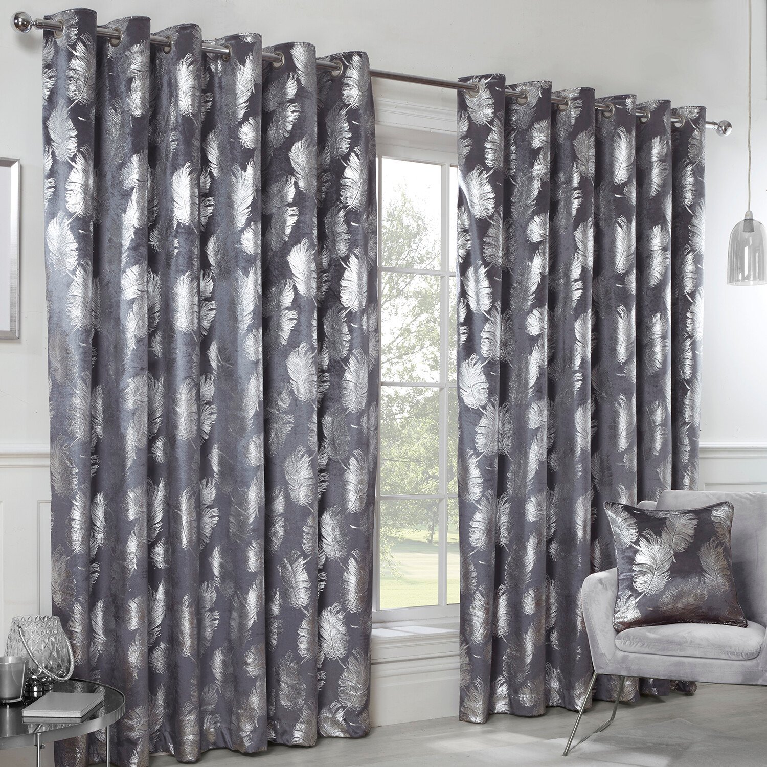 Divante Charcoal Plume Metallic Feather Eyelet Curtains 168 x 183cm Image 2