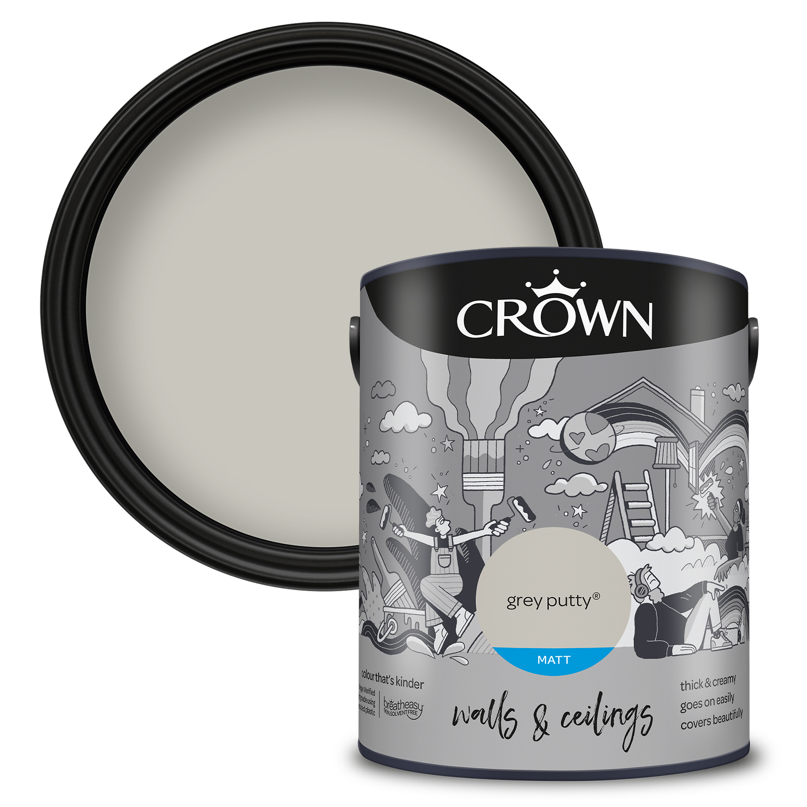 Crown Breatheasy Walls & Ceilings Grey Putty Matt Emulsion Paint 5L Image 1