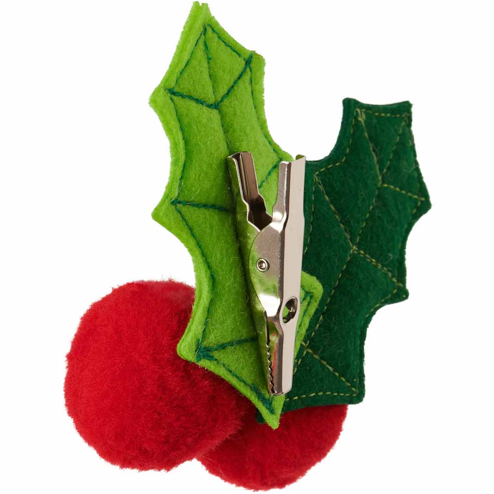Wilko Merry Felt Holly Leaf and Pom Pom Berry Clip Christmas Baubles 6 Pack Image 3
