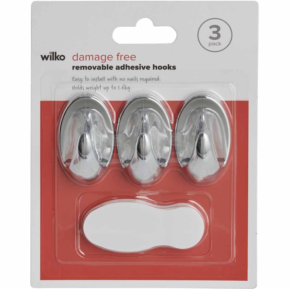 Wilko Oval Damage Free Chrome Hooks 3 Pack Image