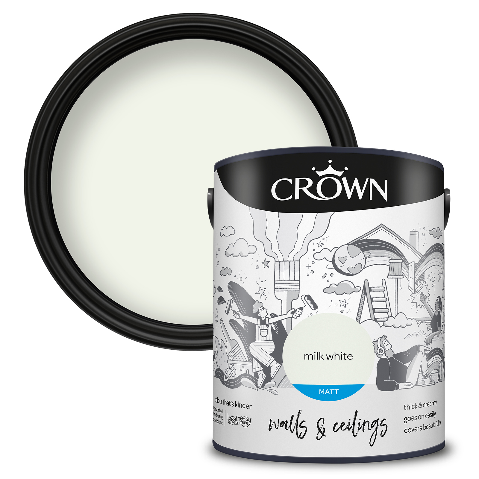Crown Breatheasy Walls & Ceilings Milk White Matt Emulsion Paint 5L Image 1