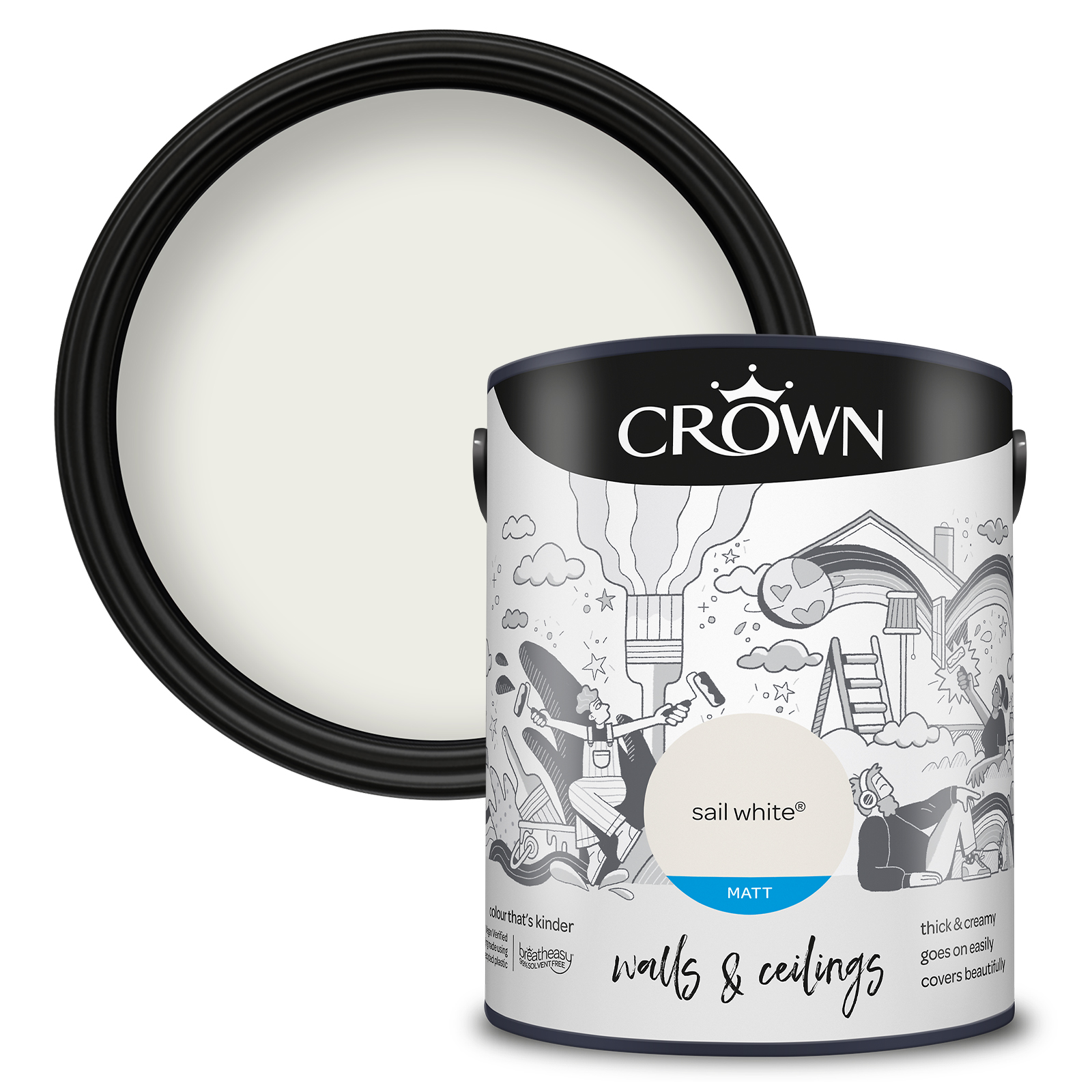 Crown Breatheasy Walls & Ceilings Sail White Emulsion Paint 5L Image 1