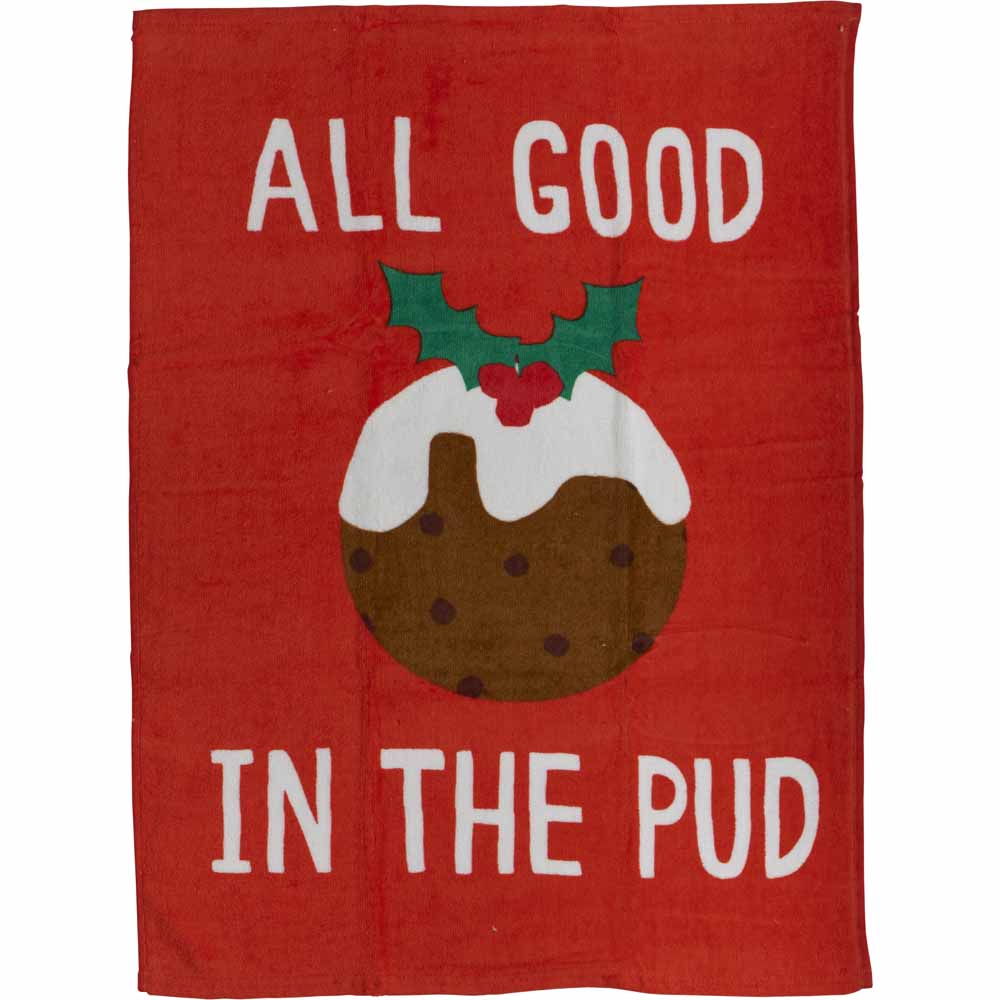 Wilko Printed 'All Good In The Pud' Slogan Tea Towel Image 1