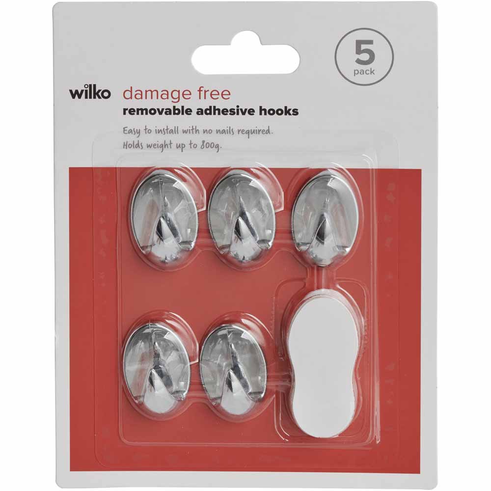 Wilko Small Oval Damage Free Chrome Hooks 5 Pack Image