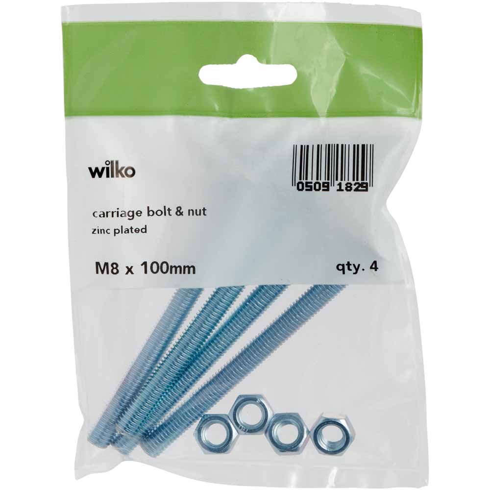 Wilko M8 x 100mm Carriage Bolts and Nuts 4 Pack Image