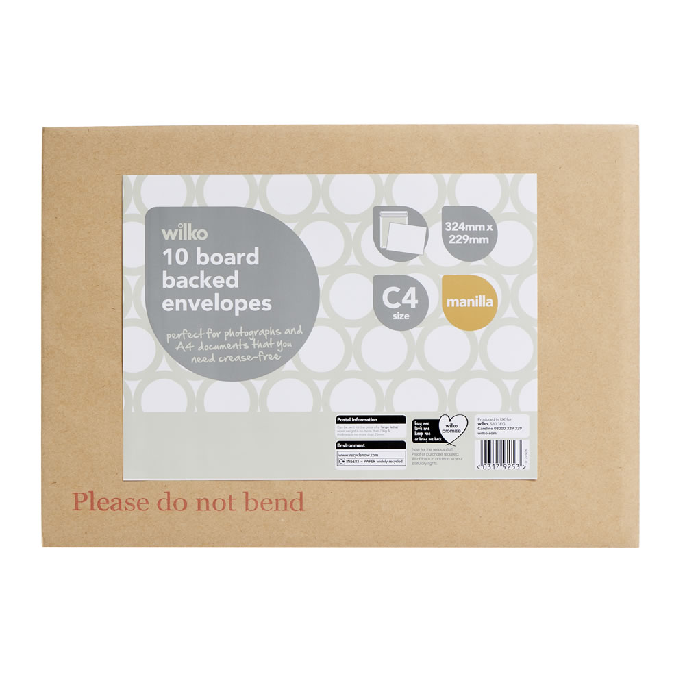 Wilko C4 White Board Backed Envelopes 324 x 229mm 10 Pack Manilla C4 backboard envelopes. Quick seal easily so you won't miss the post. The envelopes are perfect for photographs and A4 documents that you need crease-free. This size envelope is a large letter. Max weight 750g, max thickness 25mm. The pack contains ten envelopes. Wilko C4 White Board Backed Envelopes 324 x 229mm 10 Pack