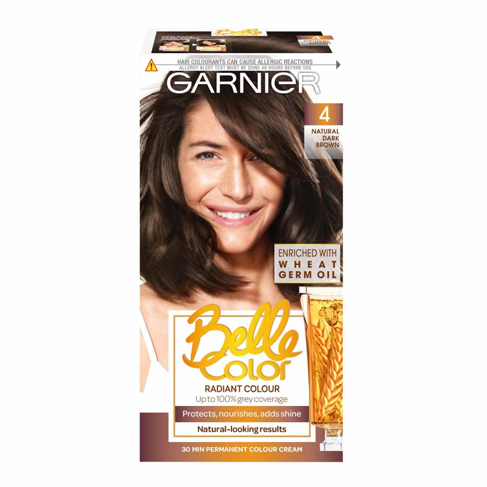Garnier Belle Color 4 Natural Dark Brown Permanent Hair Dye  - wilko Belle Color contains a new conditioner, enriched with Argan oil, known for its nourishing and  protective properties. It leaves the hair looking illuminated, shiny  and  feeling silky soft with  a  natural-looking colour.  Thanks to its unique, multi-tonal formula, Garnier Belle  Color compliments and sets off the  hairs  natural reflects for a harmonious multi-tonal  result. It  provides up to 100% grey coverage and gives a subtle colour that looks so  natural, you can't go  wrong!   The conditioner contains Argan oil and provides a  natural silky touch. After  colouring, the hair feels intensely nourished, ultra-soft and  looks  shiny.   Group III: Permanent colour Grey coverage: Up to 100%  Development time: 30 minutes   Pack contains 1x  each 40g creme  colourant, 60ml developer milk, 20ml conditioner and pair gloves. Permanent colour. One  application. Caution; contains resorcinol,  phenylenediamines,  ammonia and hydrogen  peroxide. Warning! Hair colourants can cause severe allergic reactions. Keep out of reach of  children. For  external use only. Always read  instructions carefully before use.