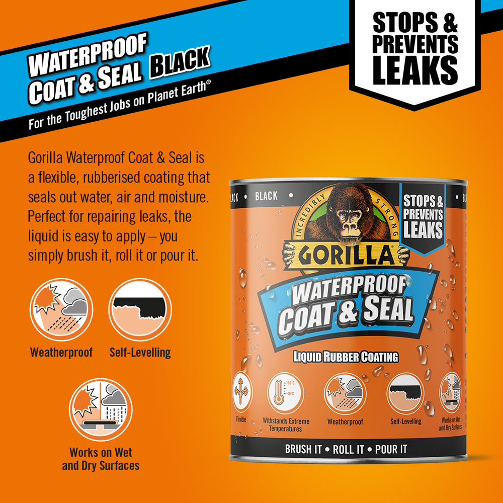 Gorilla Waterproof Patch and Seal Liquid Rubber Coating Black 473ml Wilko