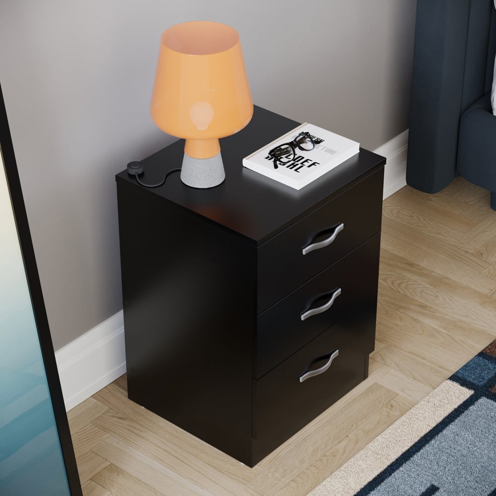 VIDA DESIGNS Riano 3 Drawer Black Bedside Table Image 6