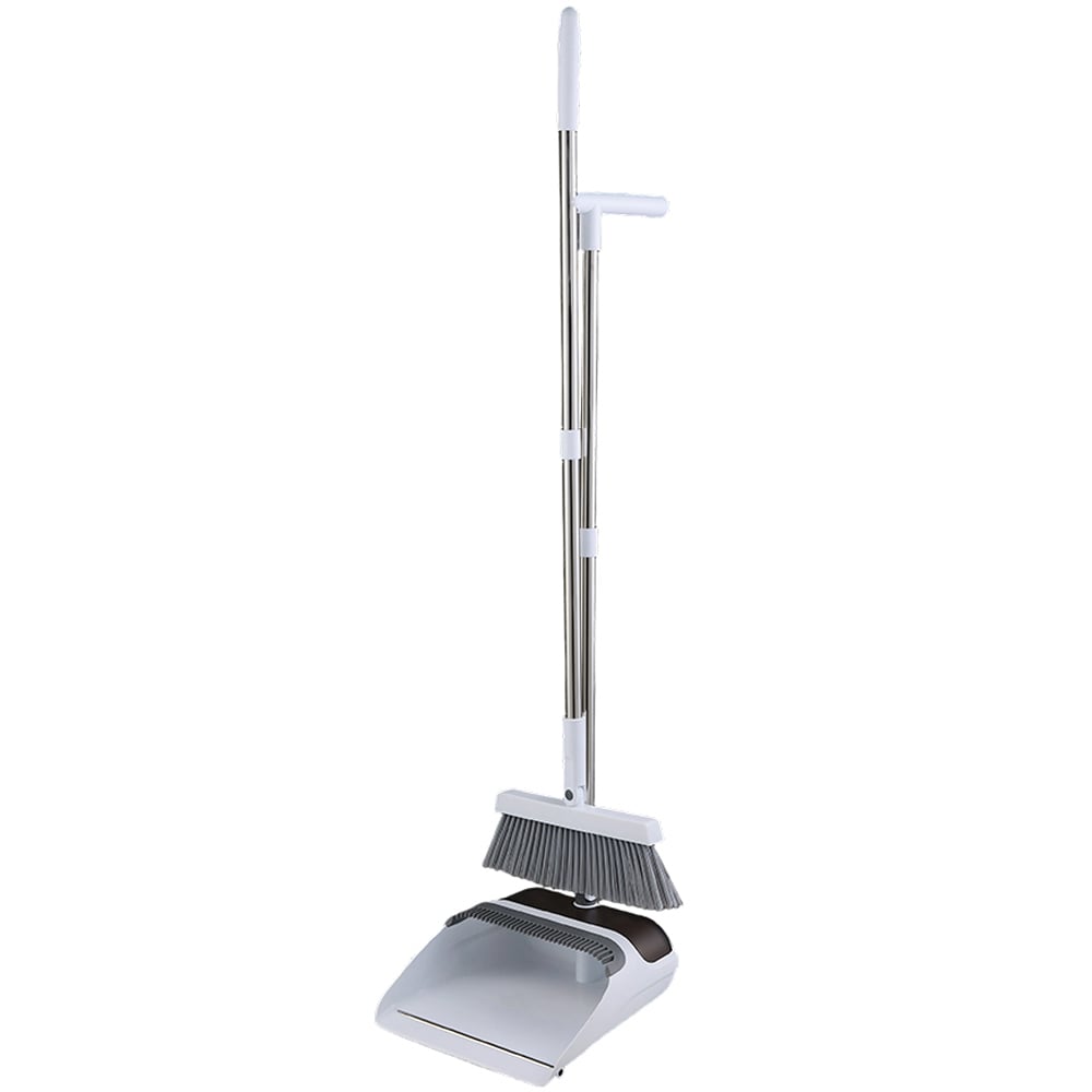Living and Home Grey White Folding Long Handle Broom and Dustpan Set Image 1