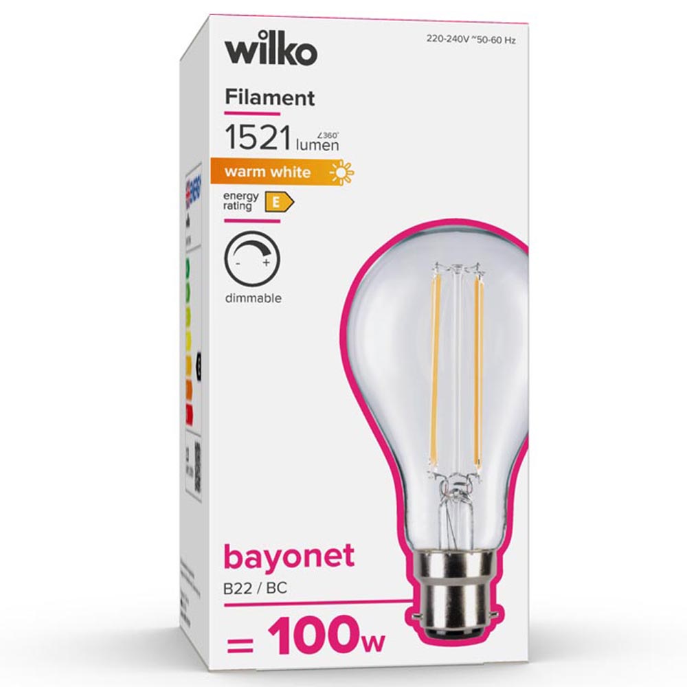 Wilko 1 pack Bayonet B22/BC 1521lm LED Filament Standard Bulb Dimmable Image 1