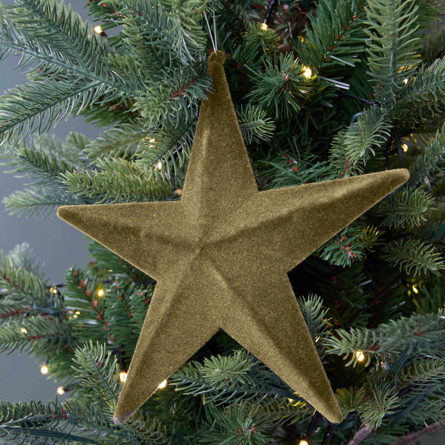 Flocked Star Hanging DecorationOlive Green Image 2