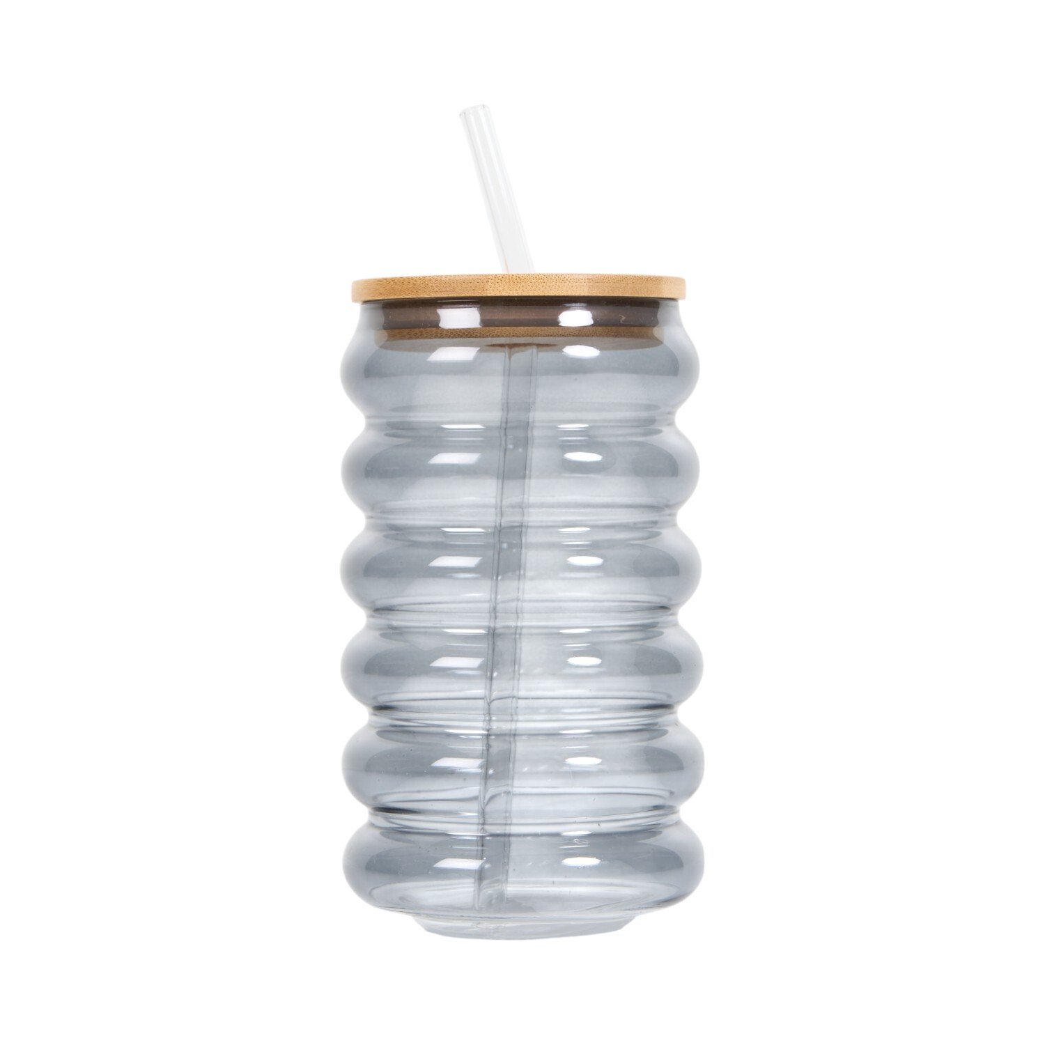 Smoked Glass Tumbler with Bamboo Lid and Straw Grey Image 2