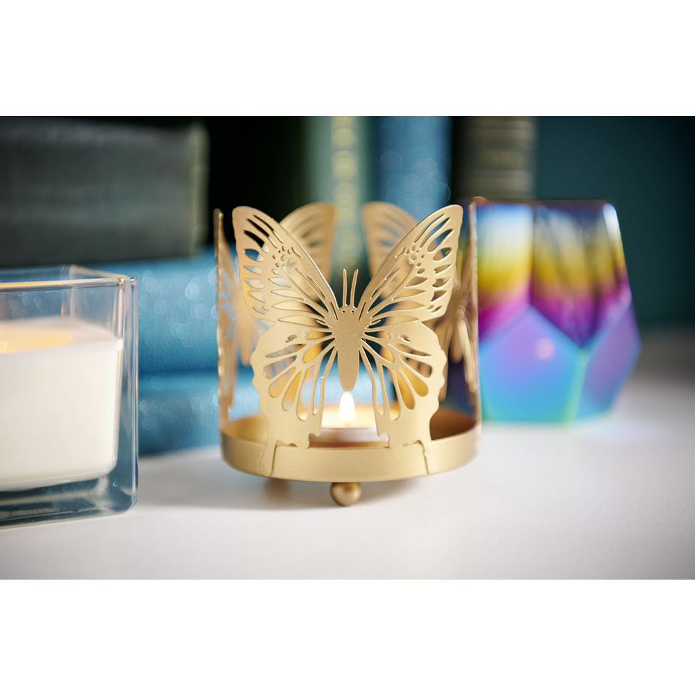 Wilko Gold Butterfly Patterned Metal Tealight Holder Image 3