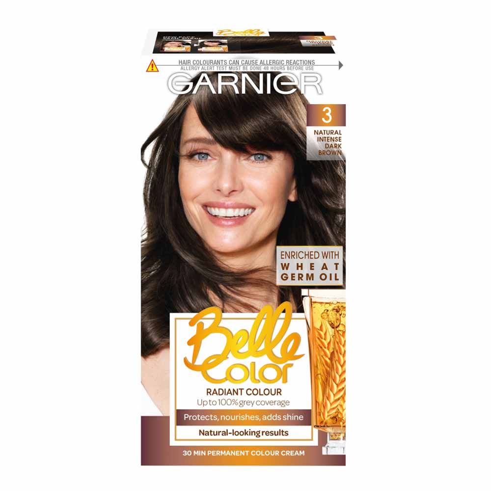 Garnier Belle Color 3 Dark Brown Permanent Hair Dye  - wilko Belle Color contains a new conditioner, enriched with Argan oil, known for its nourishing and  protective properties. It leaves the hair looking illuminated, shiny  and  feeling silky soft with  a  natural-looking colour.  Thanks to its unique, multi-tonal formula, Garnier Belle  Color compliments and sets off the  hairs natural  reflects for a harmonious multi-tonal  result. It  provides up to 100% grey coverage and gives a subtle colour that looks so  natural, you can't go  wrong!   The conditioner contains Argan oil and provides a  natural silky touch. After  colouring, the hair feels intensely nourished, ultra-soft and  looks  shiny.   Group III: Permanent colour Grey coverage: Up to 100%  Development time: 30 minutes   Pack contains 1x  each 40g creme  colourant,  60ml developer milk, 20ml conditioner and pair gloves. Permanent colour. One  application. Caution; contains resorcinol,  phenylenediamines,  ammonia and  hydrogen  peroxide. Warning! Hair colourants can cause severe allergic reactions. Keep out of reach of  children. For  external use only. Always read instructions  carefully before use.