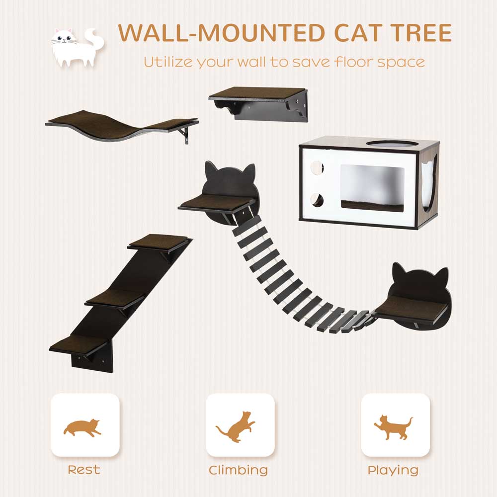 PawHut 5 Piece Cat Wall Shelves, Wall-Mounted Cat Tree for Indoor Use - Brown Image 3