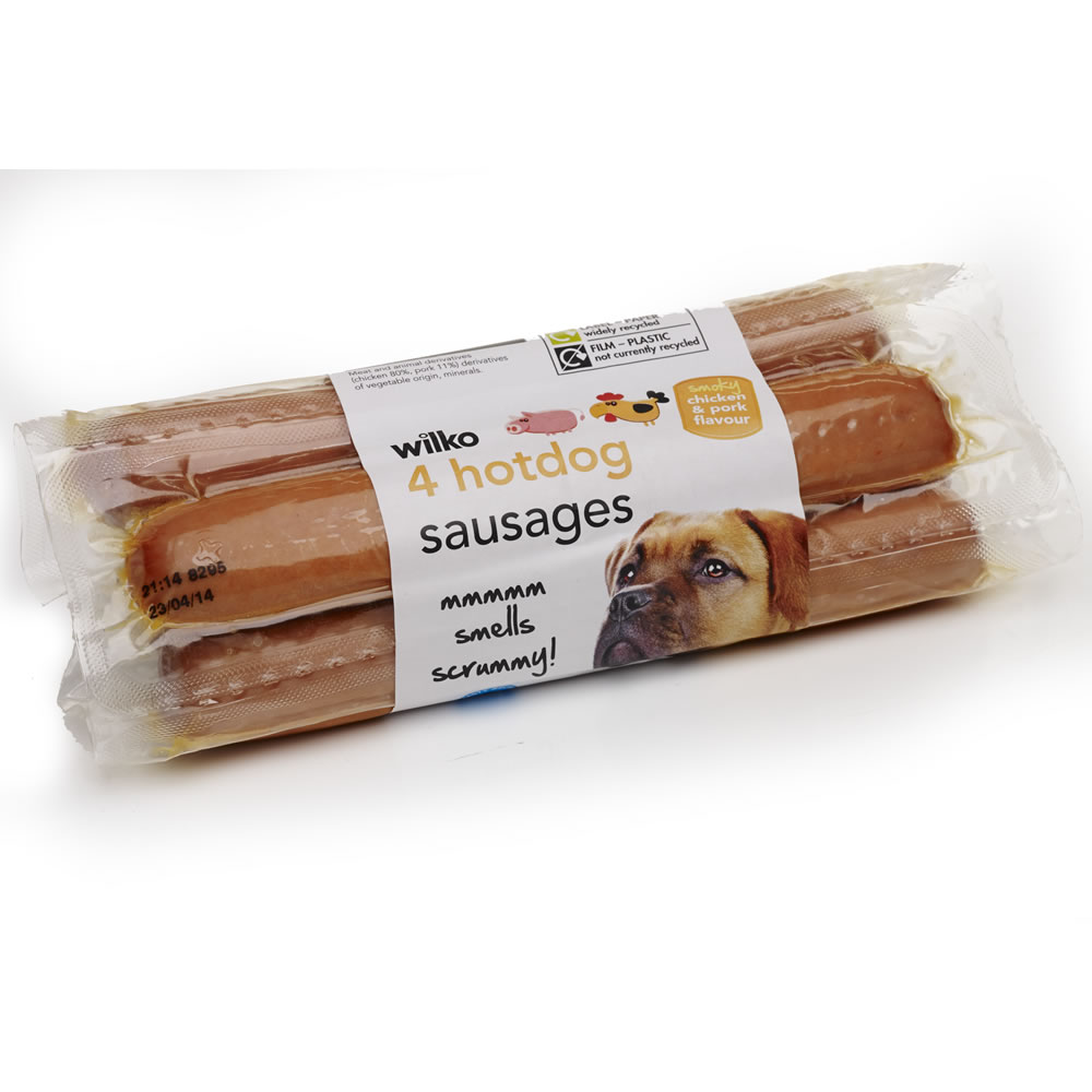 Wilko 4 pack Smoky Chicken and Pork Flavour Hotdog  Sausages Dog Treats Image