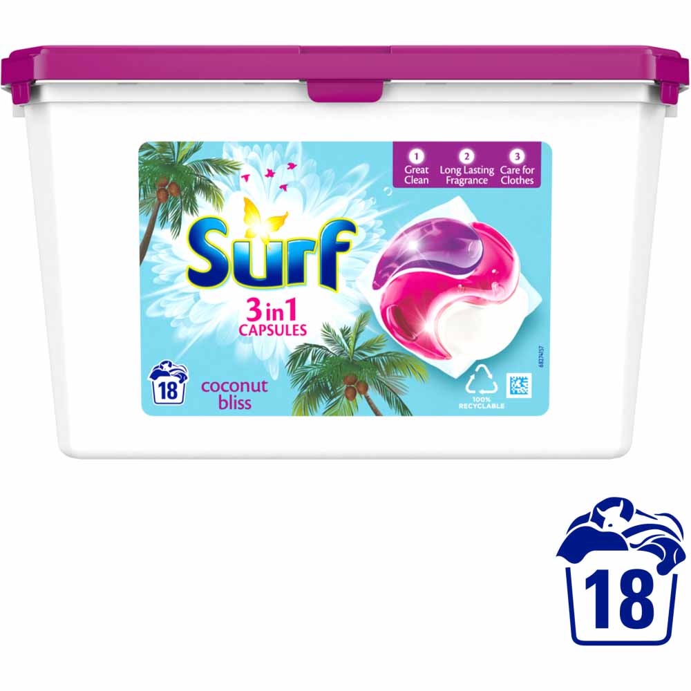 Surf 3 in 1 Coconut Bliss Laundry Washing Capsules 18 Washes Image 1