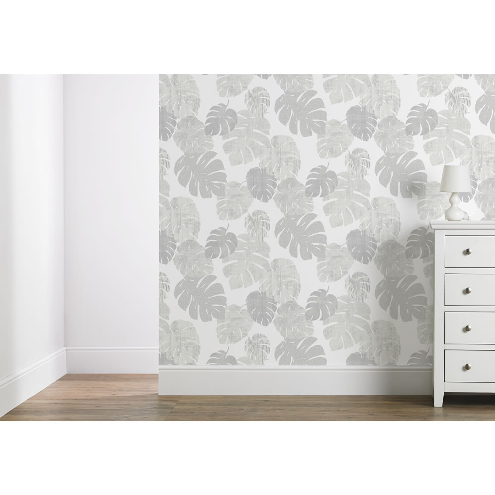 Wilko Wallpaper Cheese Plant White and Silver Image 2