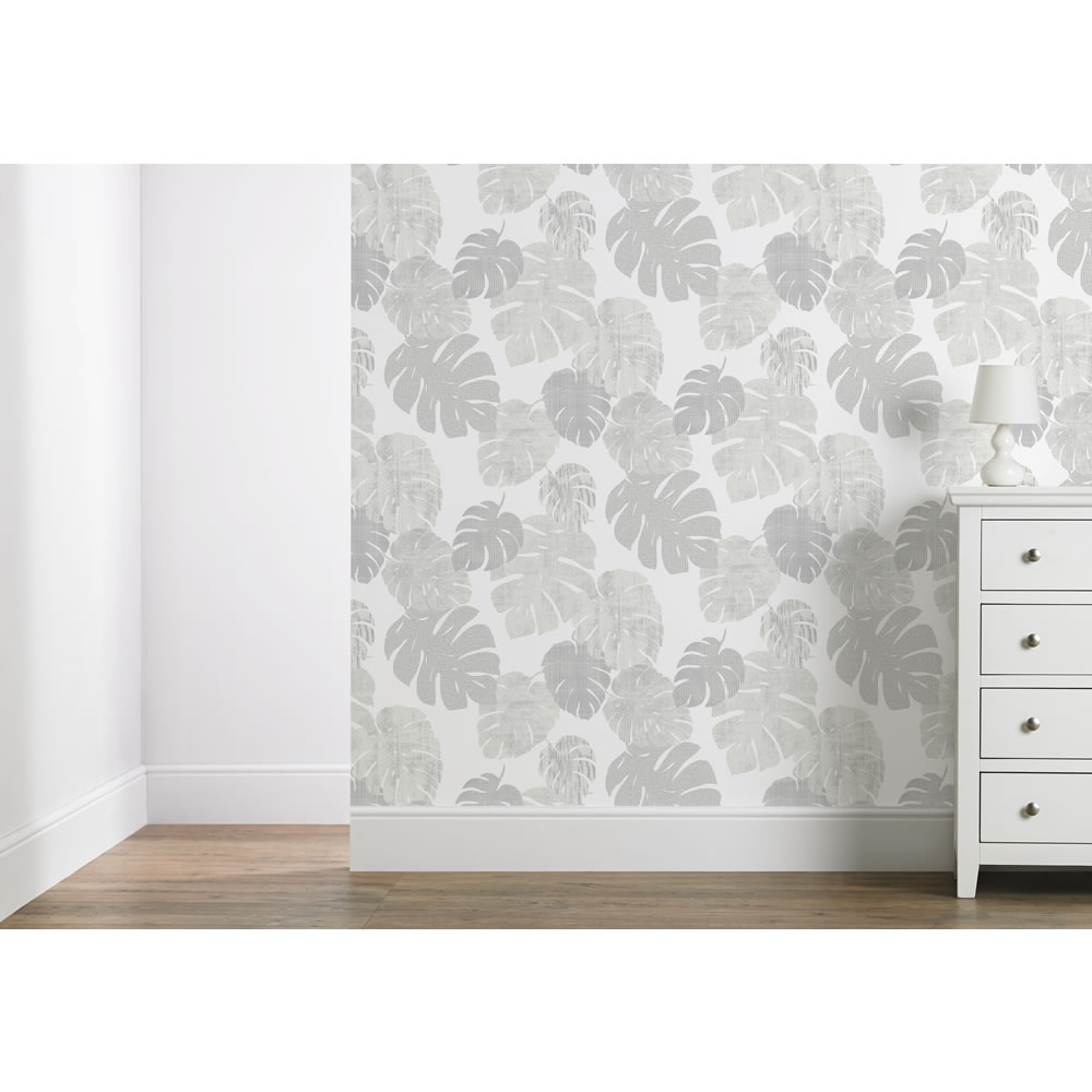 Wilko Wallpaper Cheese Plant White and Silver Wilko