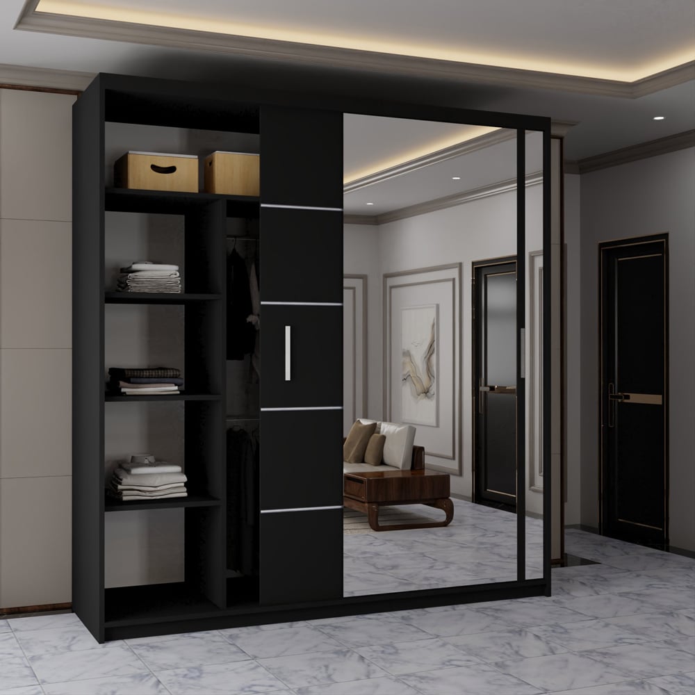 Sliding Wardrobes 4U 2 Sliding Door Black Modern Wide Mirrored Wardrobe 203cm Image 4