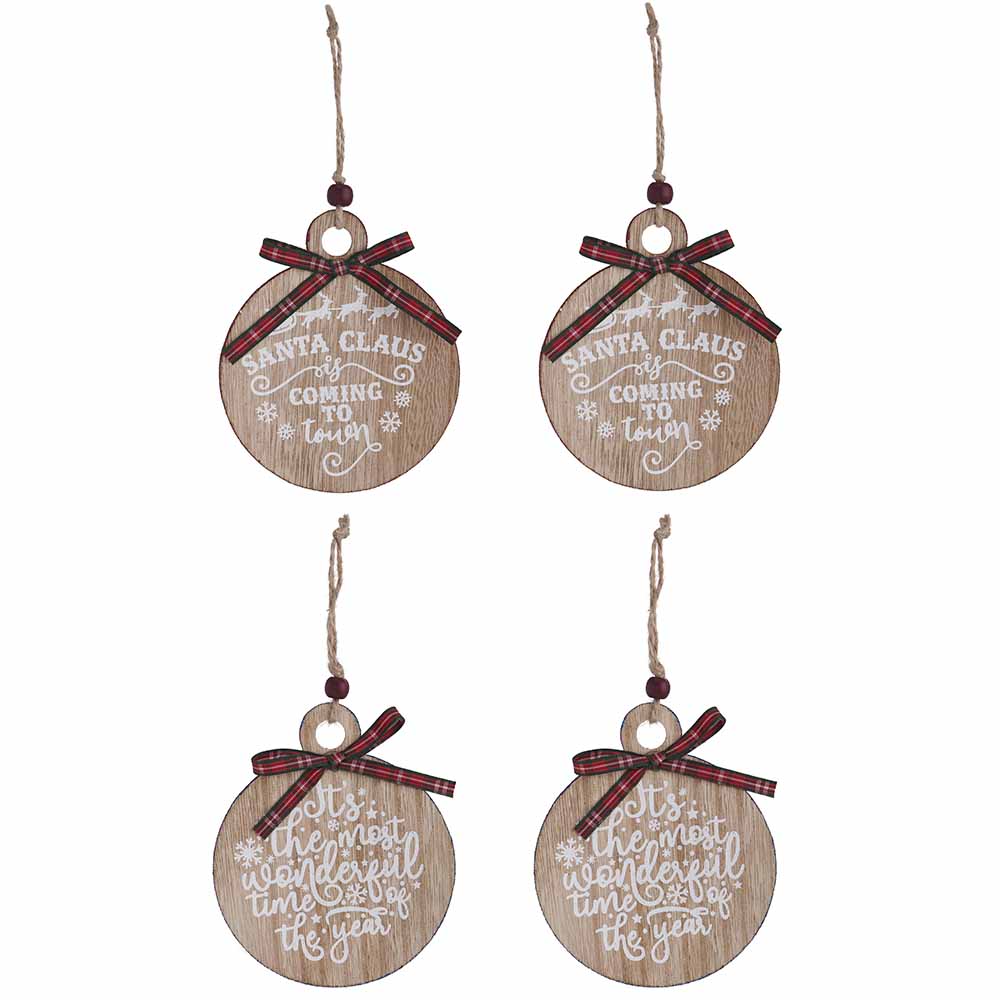 Wilko Traditional Round Wooden Hanging Christmas Baubles 4 Pack Image 2