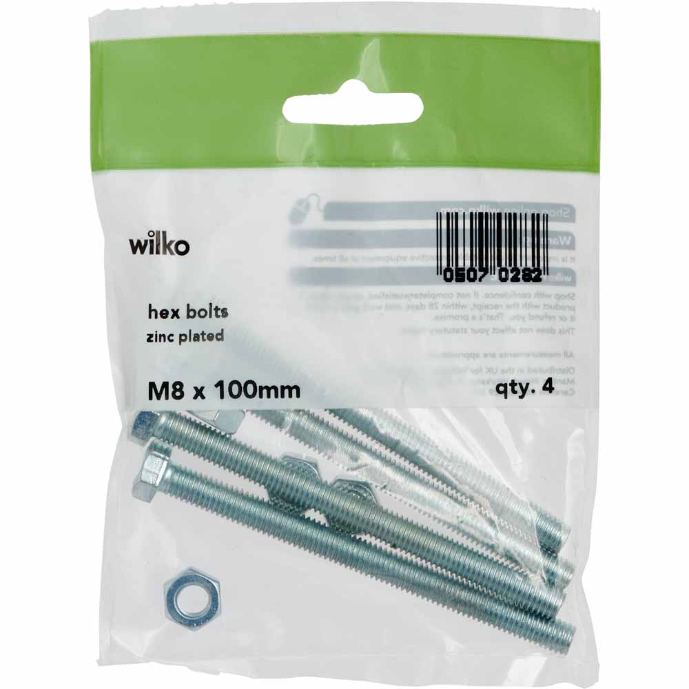 Wilko M8 x 100mm Hex Bolts and Nuts 4 Pack Image