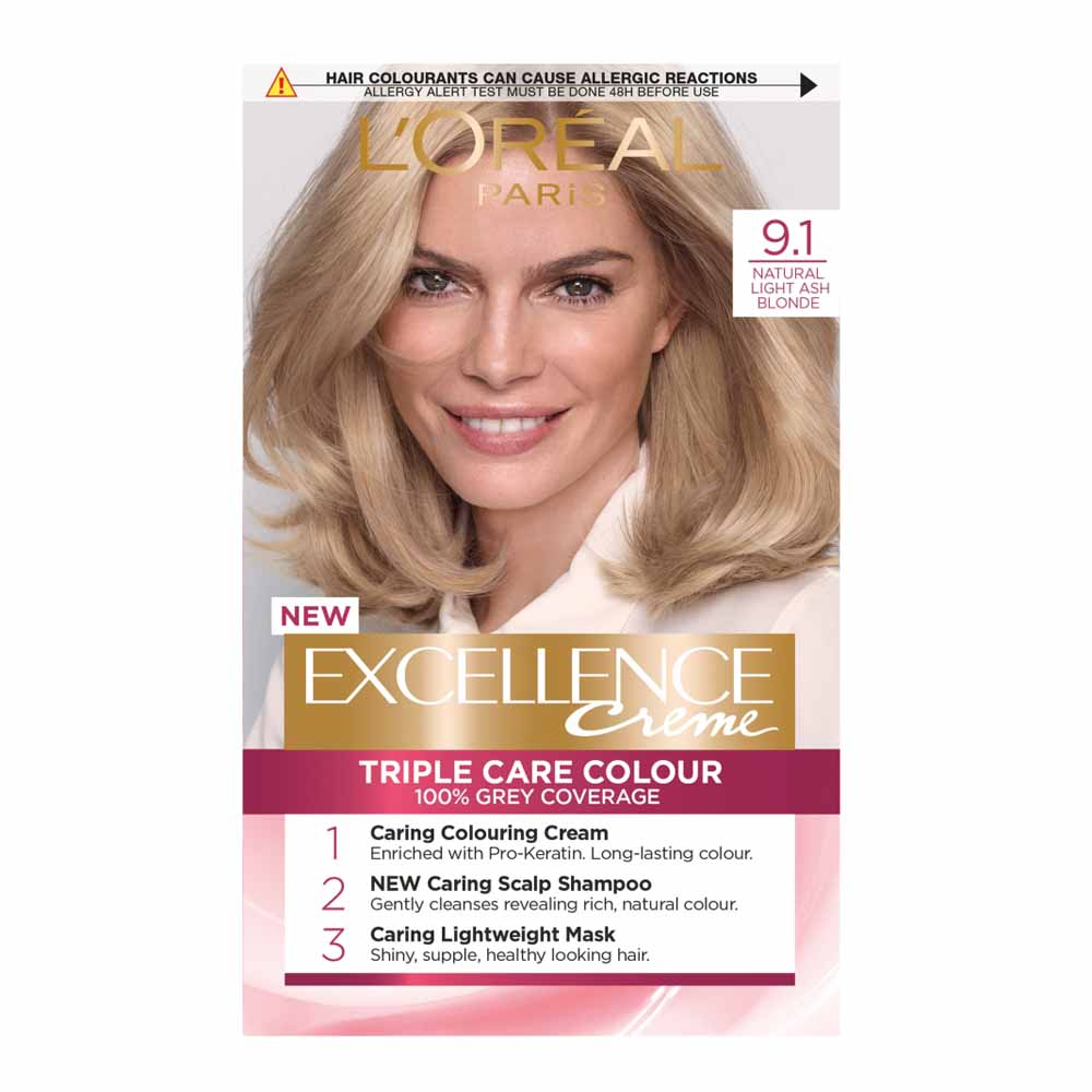 L'Oreal Paris Excellence Creme 9.1 Natural Light Ash Blonde Permanent Hair Dye Image 1