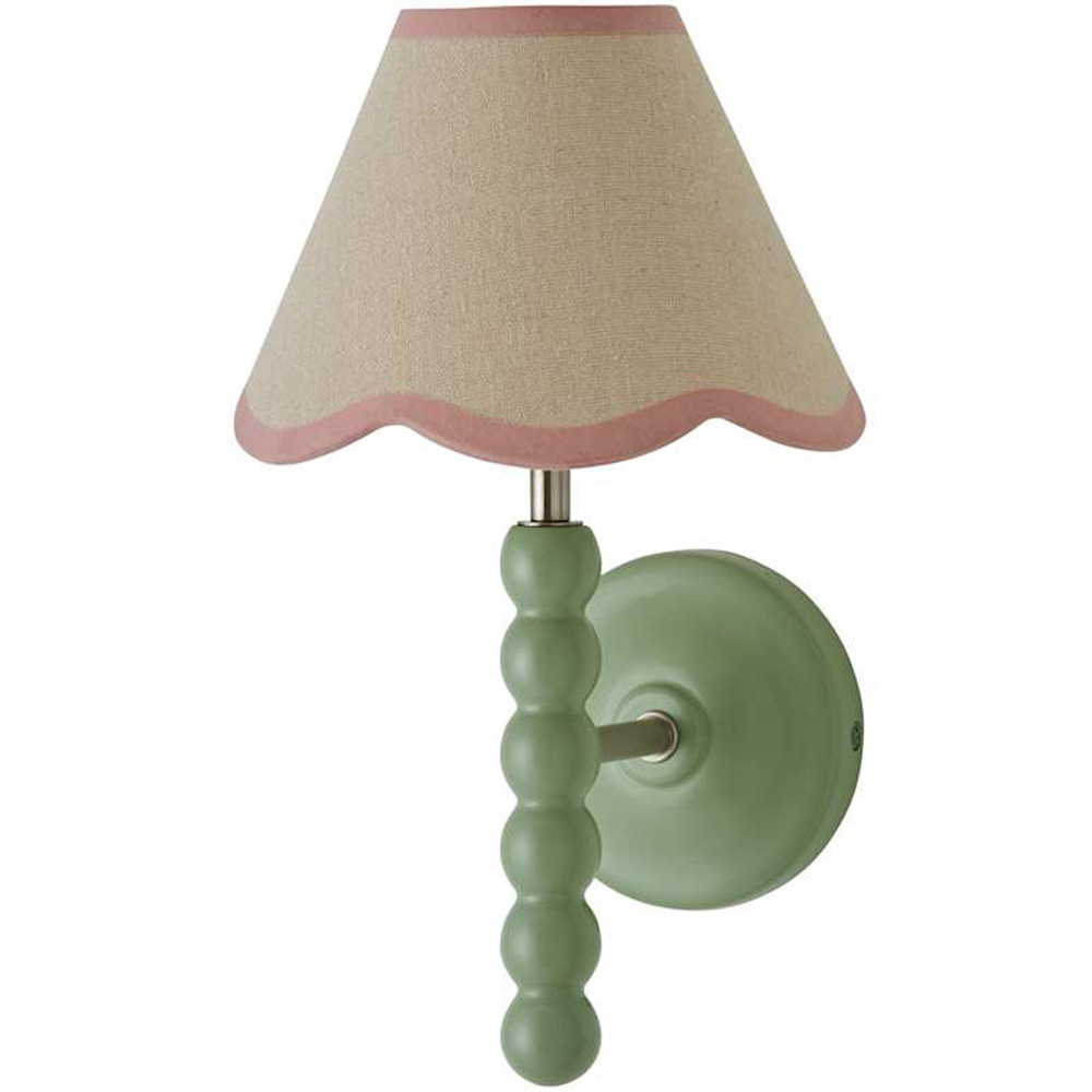 ValueLights Pink Trim Scallop Shade Green Bobbin LED Wall Light with Bulb Image 1