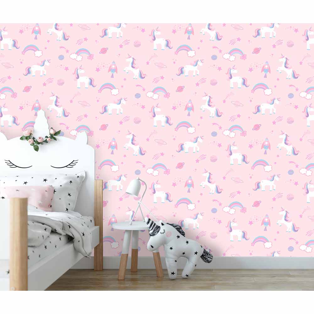 Unicorns, Rockets & Rainbows Pink Wallpaper Image 2