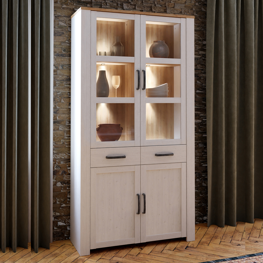 Florence Bohol 4 Door 2 Drawer Oak and White Glass Display Cabinet with LED Lighting Image 1