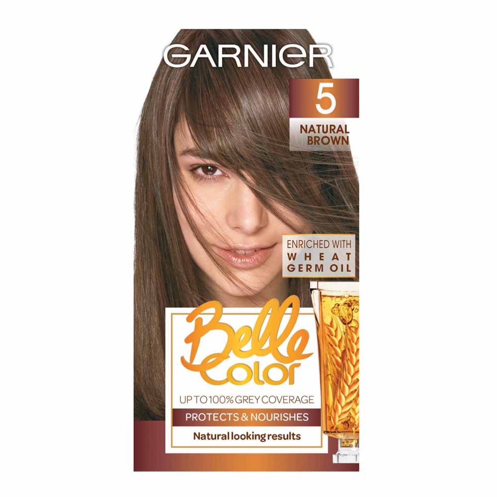 Garnier Belle Color 5 Natural Brown Permanent Hair Dye  - wilko Belle Color contains a new conditioner, enriched with Argan oil, known for its nourishing and  protective properties. It leaves the hair looking illuminated, shiny  and  feeling silky soft with  a  natural-looking colour.  Thanks to its unique, multi-tonal formula, Garnier Belle  Color compliments and sets off the  hairs natural  reflects for a harmonious multi-tonal  result. It  provides up to 100% grey coverage and gives a subtle colour that looks so  natural, you can't go  wrong!   The conditioner contains Argan oil and provides a  natural silky touch. After  colouring, the hair feels intensely nourished, ultra-soft and  looks  shiny.   Group III: Permanent colour Grey coverage: Up to 100%  Development time: 30 minutes   Pack contains 1x  each 40g creme  colourant,  60ml developer milk, 20ml conditioner and pair gloves. Permanent colour. One  application. Caution; contains resorcinol,  phenylenediamines,  ammonia and  hydrogen  peroxide. Warning! Hair colourants can cause severe allergic reactions. Keep out of reach of  children. For  external use only. Always read instructions  carefully before use.