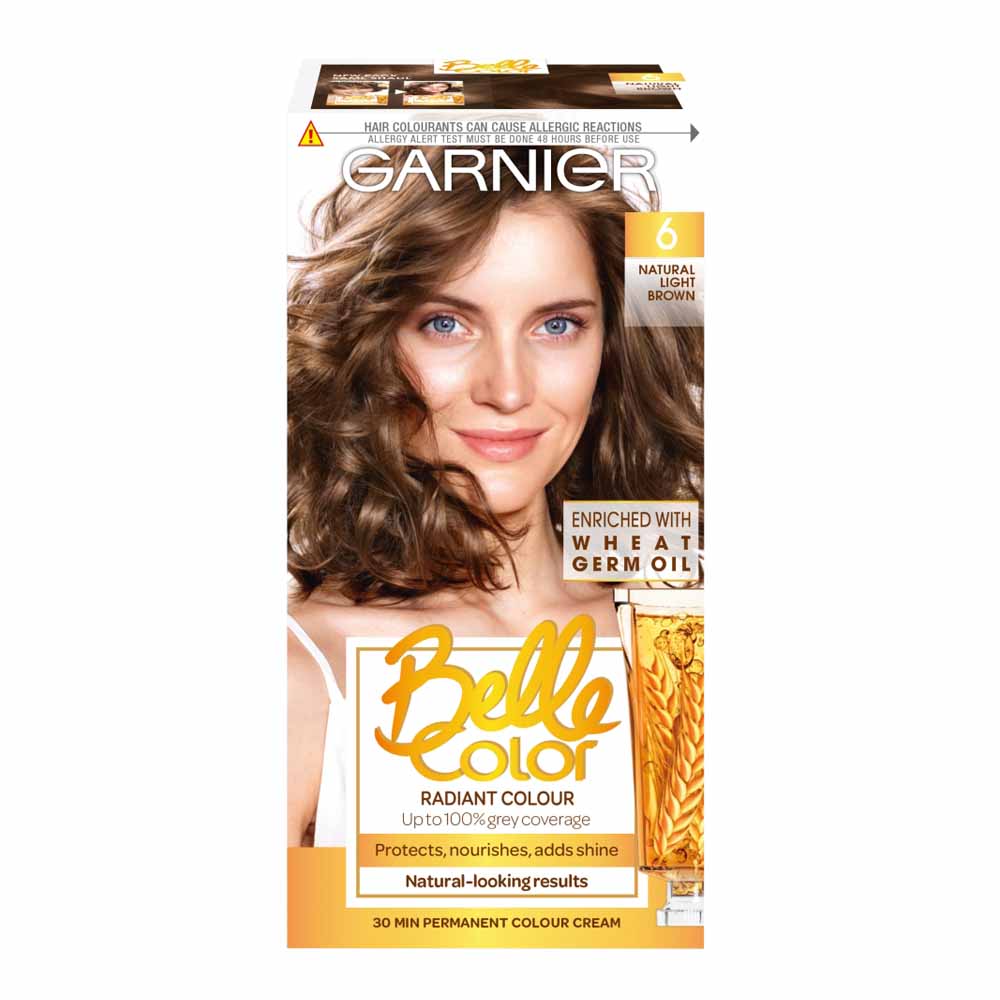 Garnier Belle Color 6 Natural Light Brown Permanent Hair Dye  - wilko Belle Color contains a new conditioner, enriched with Argan oil, known for its nourishing and  protective properties. It leaves the hair looking illuminated, shiny  and  feeling silky soft with  a  natural-looking colour.  Thanks to its unique, multi-tonal formula, Garnier Belle  Color compliments and sets off the  hairs natural  reflects for a harmonious multi-tonal  result. It  provides up to 100% grey coverage and gives a subtle colour that looks so  natural, you can't go  wrong!   The conditioner contains Argan oil and provides a  natural silky touch. After  colouring, the hair feels intensely nourished, ultra-soft and  looks  shiny.   Group III: Permanent colour Grey coverage: Up to 100%  Development time: 30 minutes   Pack contains 1x  each 40g creme  colourant,  60ml developer milk, 20ml conditioner and pair gloves. Permanent colour. One  application. Caution; contains resorcinol,  phenylenediamines,  ammonia and  hydrogen  peroxide. Warning! Hair colourants can cause severe allergic reactions. Keep out of reach of  children. For  external use only. Always read instructions  carefully before use.