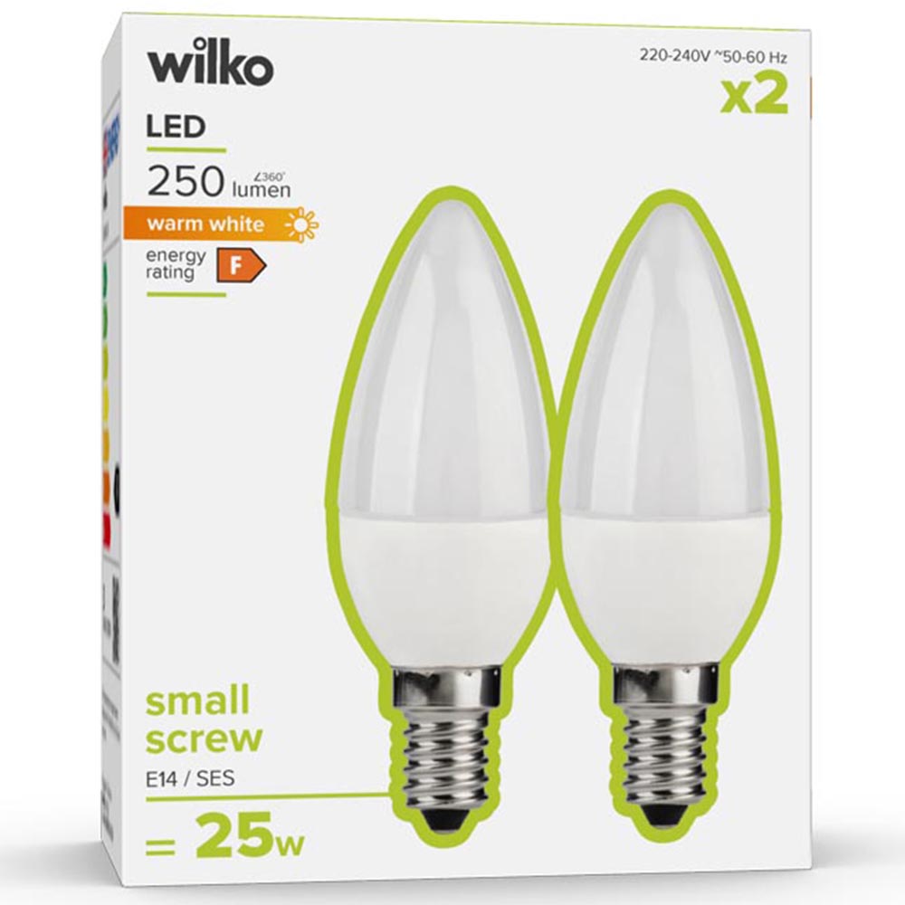 Wilko 2 pack Screw E14/SES 250lm LED Candle Light Bulb Non Dimmable Image 1