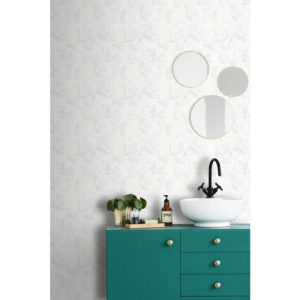 Contour Wallpaper Glitter Tile White Wilko