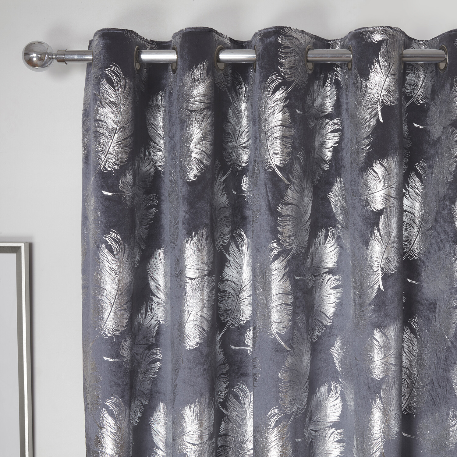 Divante Charcoal Plume Metallic Feather Eyelet Curtains 168 x 183cm Image 3
