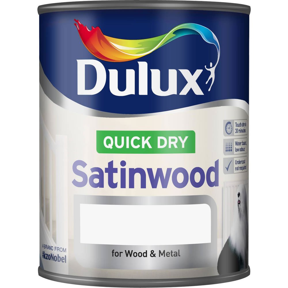 Dulux Quick Dry Satinwood Wood and Metal Pure Brilliant White Paint 750ml Image 2