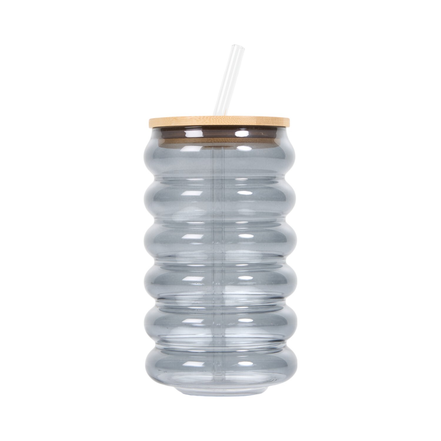 Smoked Glass Tumbler with Bamboo Lid and Straw Grey Image 1